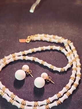 Vintage MONET White Bead & Gold Necklace and Stud Earrings Set - Gold Accents